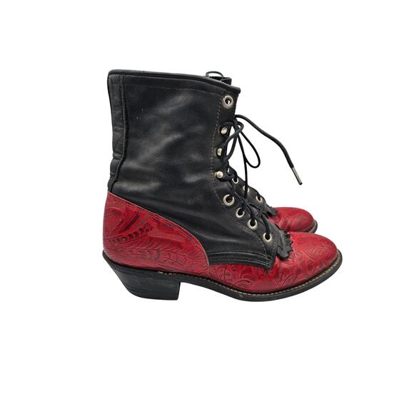VTG 1980s Laredo Leather Kiltie Lace Up Boots Black Red 7M Western Gothabilly - Picture 3 of 9